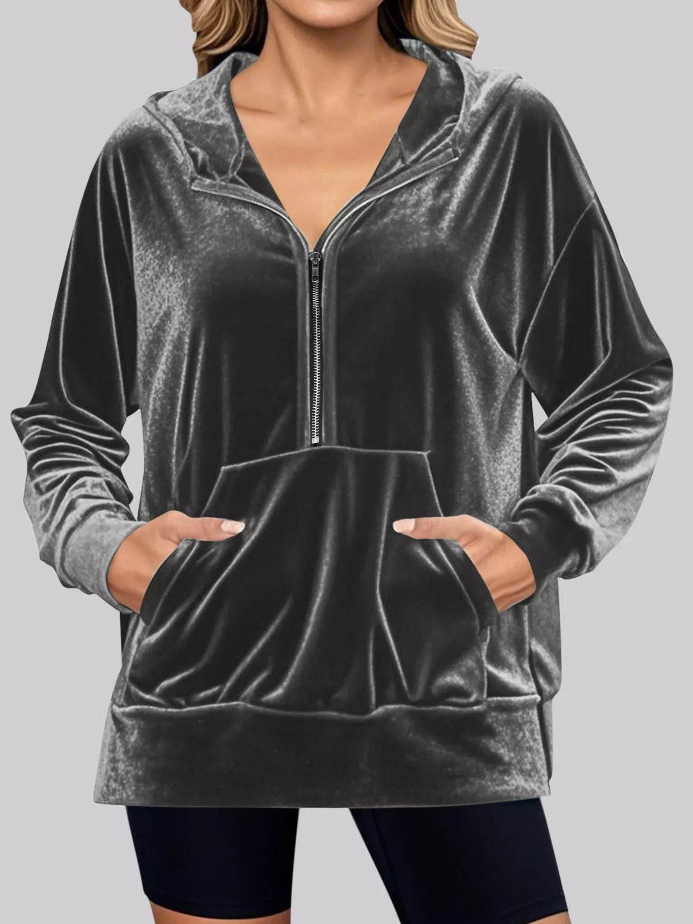 Full Size Half Zip Kangaroo Pocket Hoodie Plus Size - Store 42