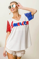 Chic Metallic Letter V-Neck Top with Sequin Sleeves for Glamorous Looks - Store 42