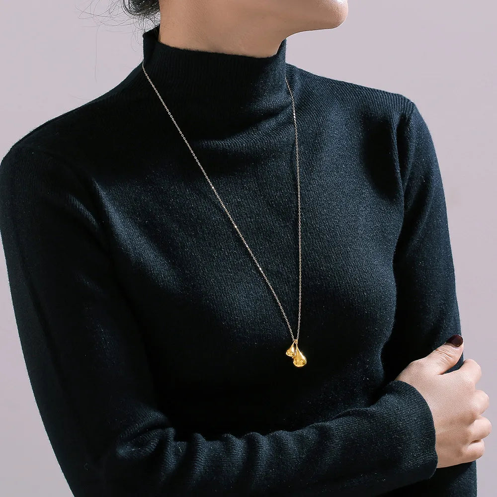 Elegant 18K Gold-Plated Stainless Steel Water Drop Shape Pendant Necklace - 25.6" Chain Length