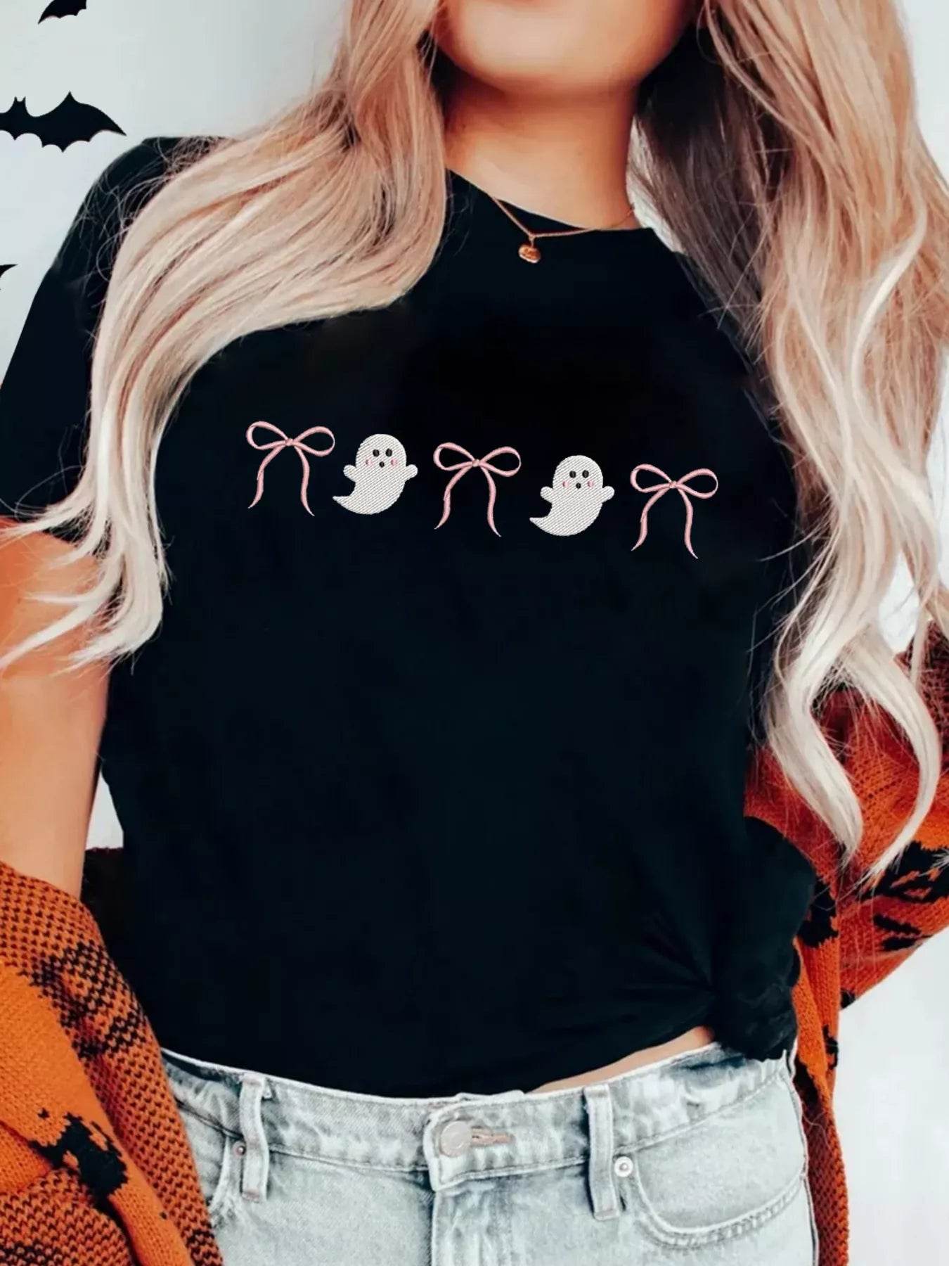 Halloween Ghost Bow Graphic Tee - Short Sleeve, Slightly Stretchy, Casual Fit T-Shirt - Store 42