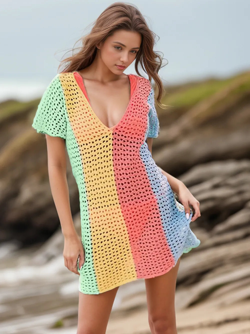 Openwork Color Block V-Neck Short Sleeve Cover-Up - Sheer Stretchy Acrylic Fabric