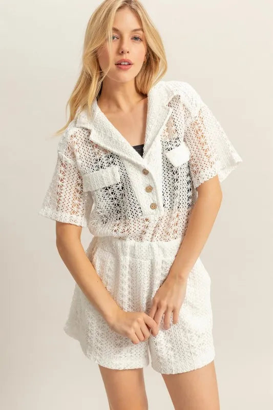 HYFVE Bohemian Crochet Button Front Short Sleeve Romper with Pockets - Summer Style