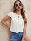 Honey Babydoll Blouse with Tie Neck and Ruffled Short Sleeves - Casual Chic Style - Store 42
