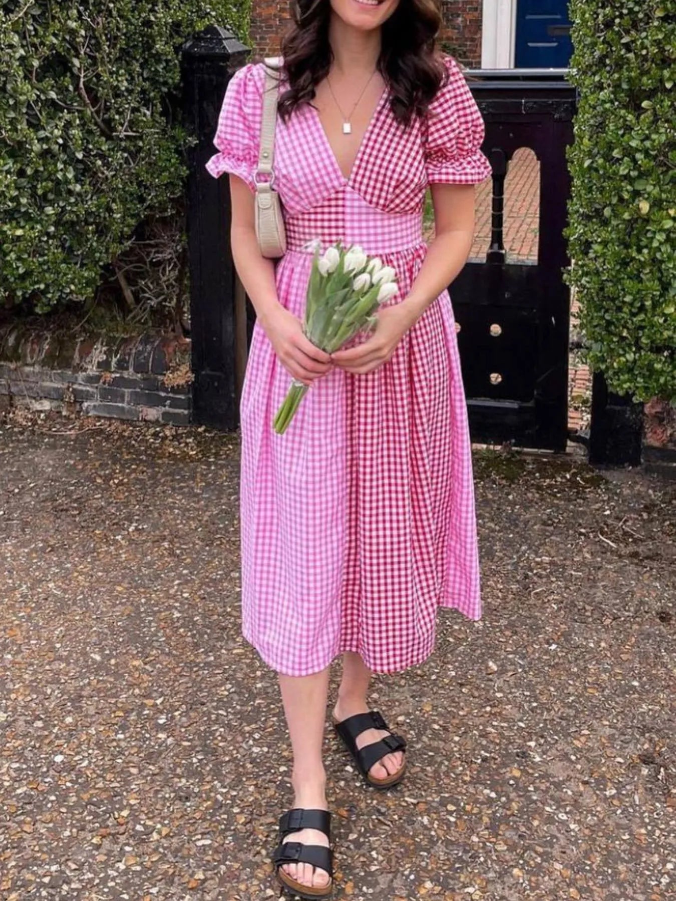 Plaid V-Neck Puff Sleeve Dress