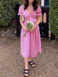 Plaid V-Neck Puff Sleeve Dress