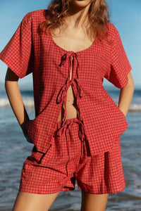 Plaid Tied Scoop Neck Short Sleeve Top and Drawstring Shorts Set Deep Red
