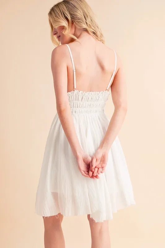 Aemi+Co Feminine Lace Detail Mini Cami Dress with Ruched and Smocked Design