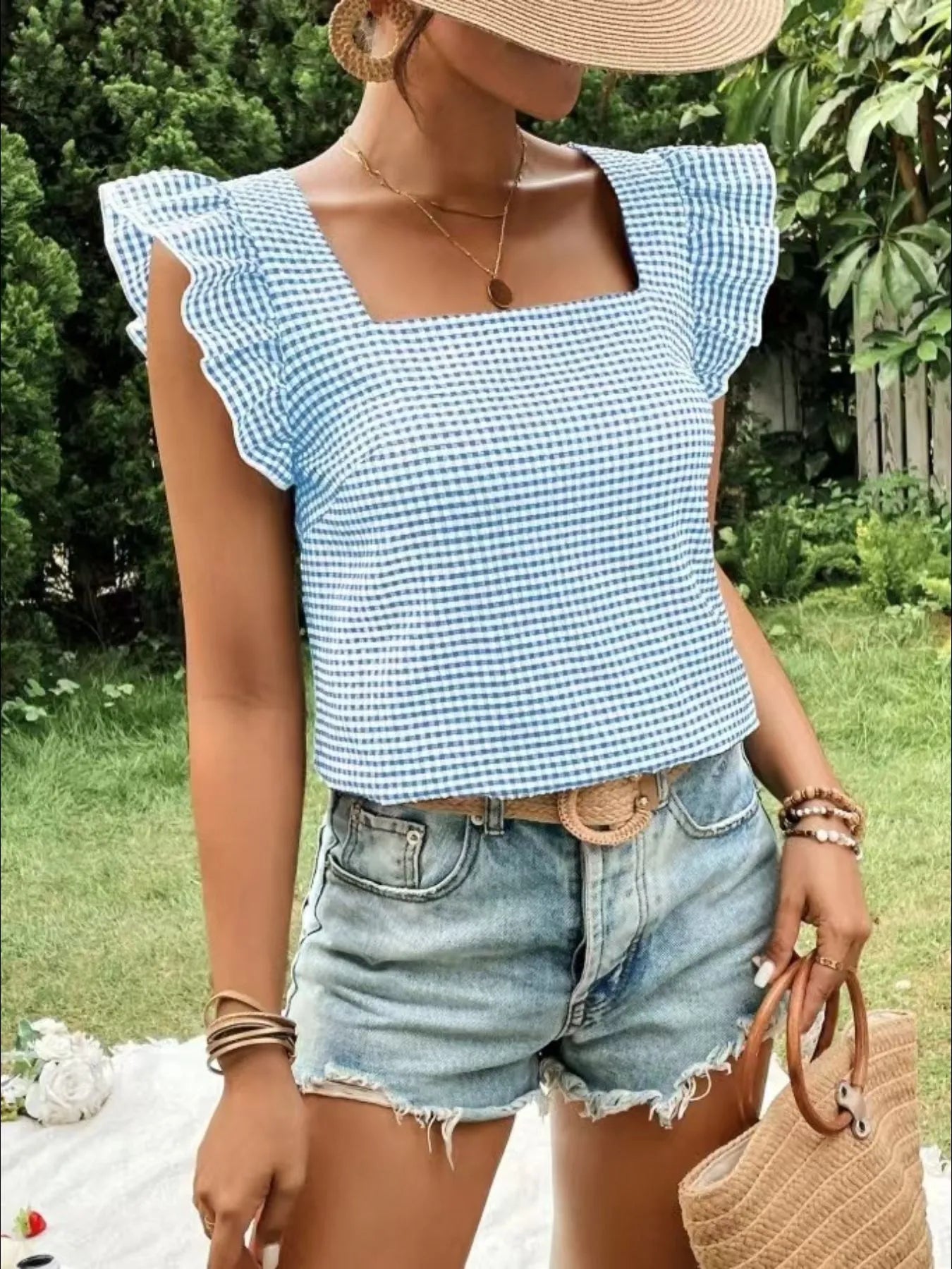 Ruffle Sleeve Gingham Top with Square Neck - 100% Polyester, Sizes S-2XL