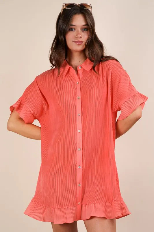 Stylish Pleated Detail Button Down Mini Dress with Ruffled Accents for Versatile Looks
