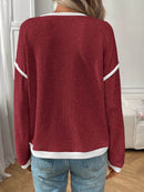 Slightly Stretchy Ribbed Long Sleeve Top with Contrast Trim - Elegant Basic Style - Store 42