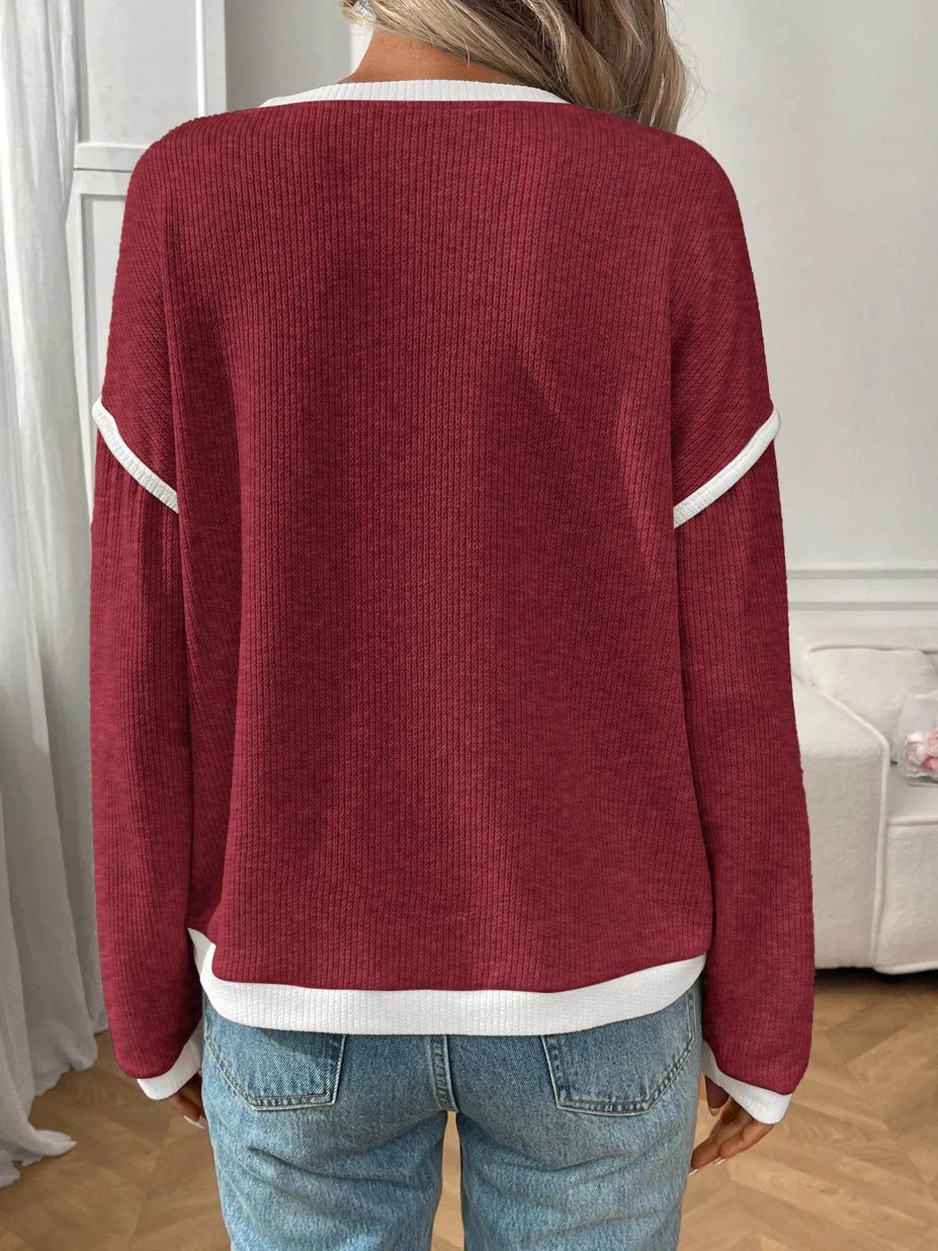 Slightly Stretchy Ribbed Long Sleeve Top with Contrast Trim - Elegant Basic Style - Store 42