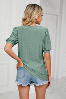 Trendsi Eyelet Puff Sleeve Top - Casual Solid Round Neck Design for Stylish Comfort - Store 42