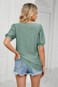 Trendsi Eyelet Puff Sleeve Top - Casual Solid Round Neck Design for Stylish Comfort - Store 42
