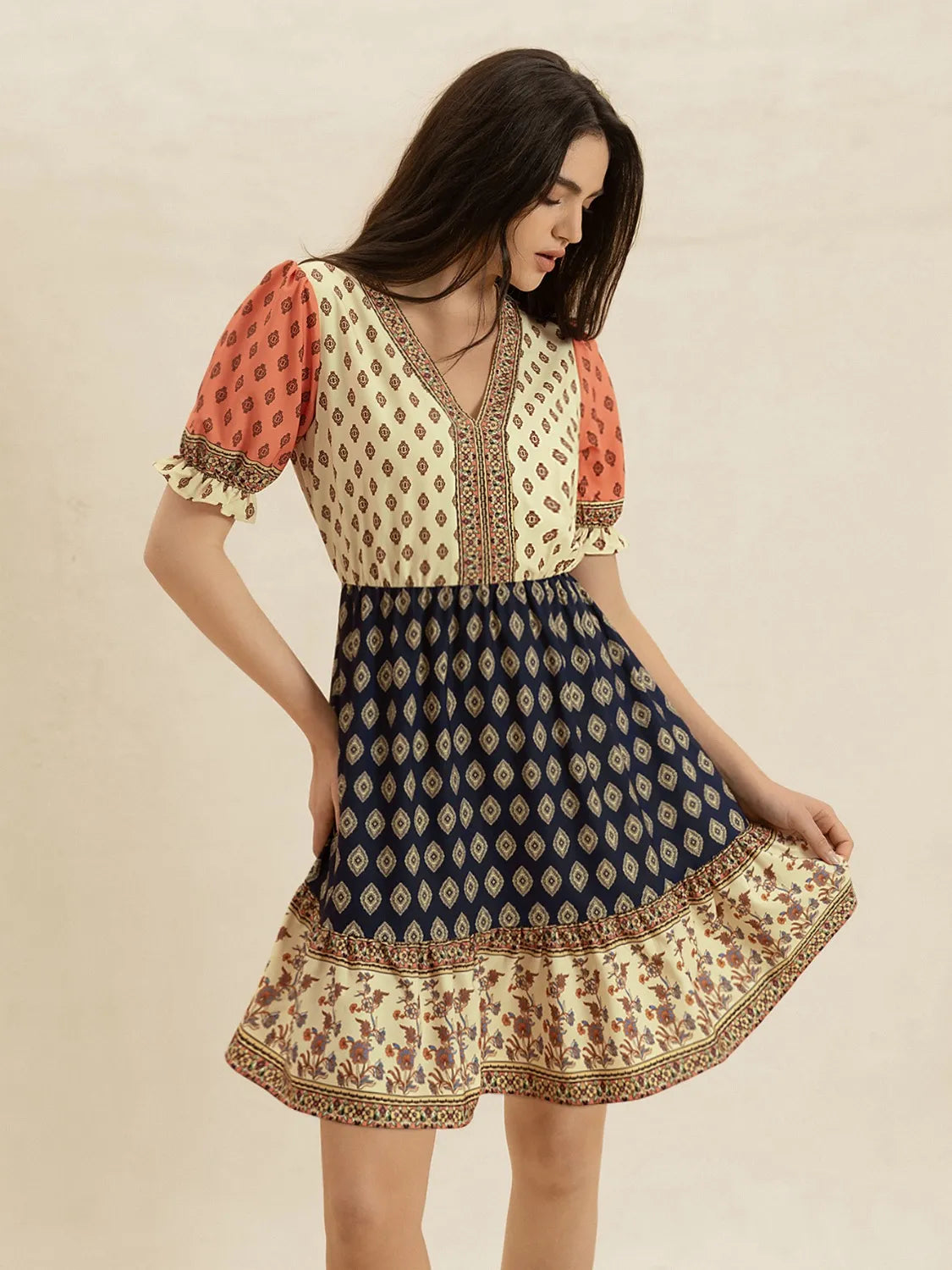 Trendy Printed V-Neck Short Sleeve Dress with Ruched Details - 100% Polyester, Machine Washable
