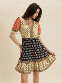 Printed V-Neck Short Sleeve Dress Tan