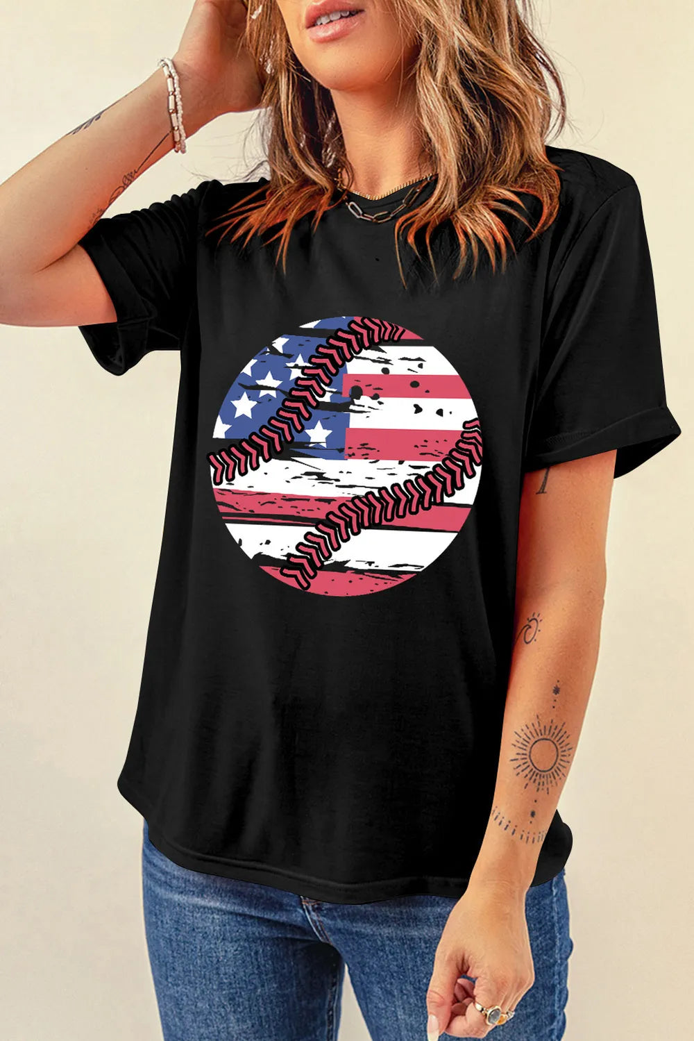 US Flag Round Neck T-Shirt for Women - Short Sleeve, Slightly Stretchy, Casual Style