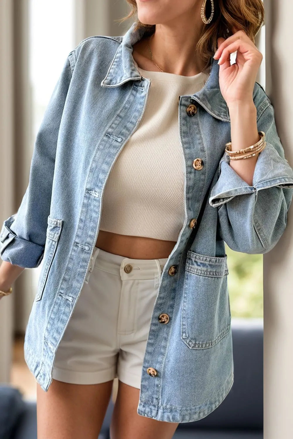 Stylish Pocketed Long Sleeve Denim Jacket for Women - 75% Cotton, Casual Chic
