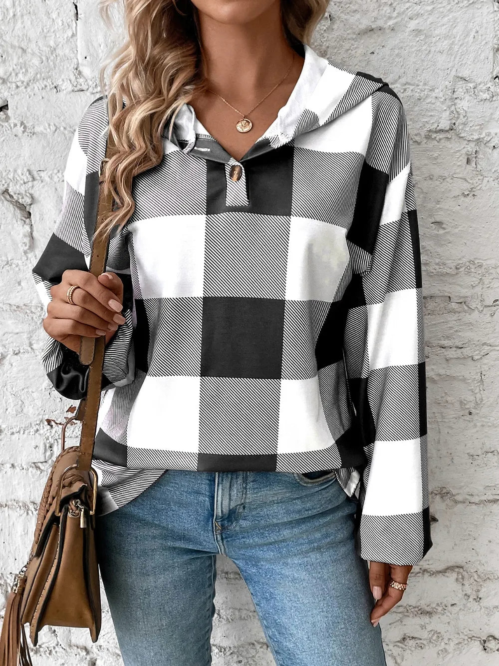 Plaid Long Sleeve Hoodie with Dropped Shoulders - 100% Polyester, Opaque, Machine Washable