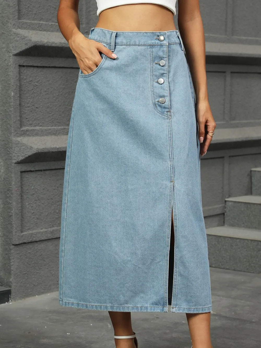 Asymmetrical Slit Denim Midi Skirt with Button Detail - Stylish and Trendy Design