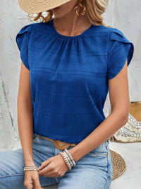 Slightly Stretchy Round Neck Ruched Petal Sleeve Top - 95% Polyester, 5% Spandex - Store 42