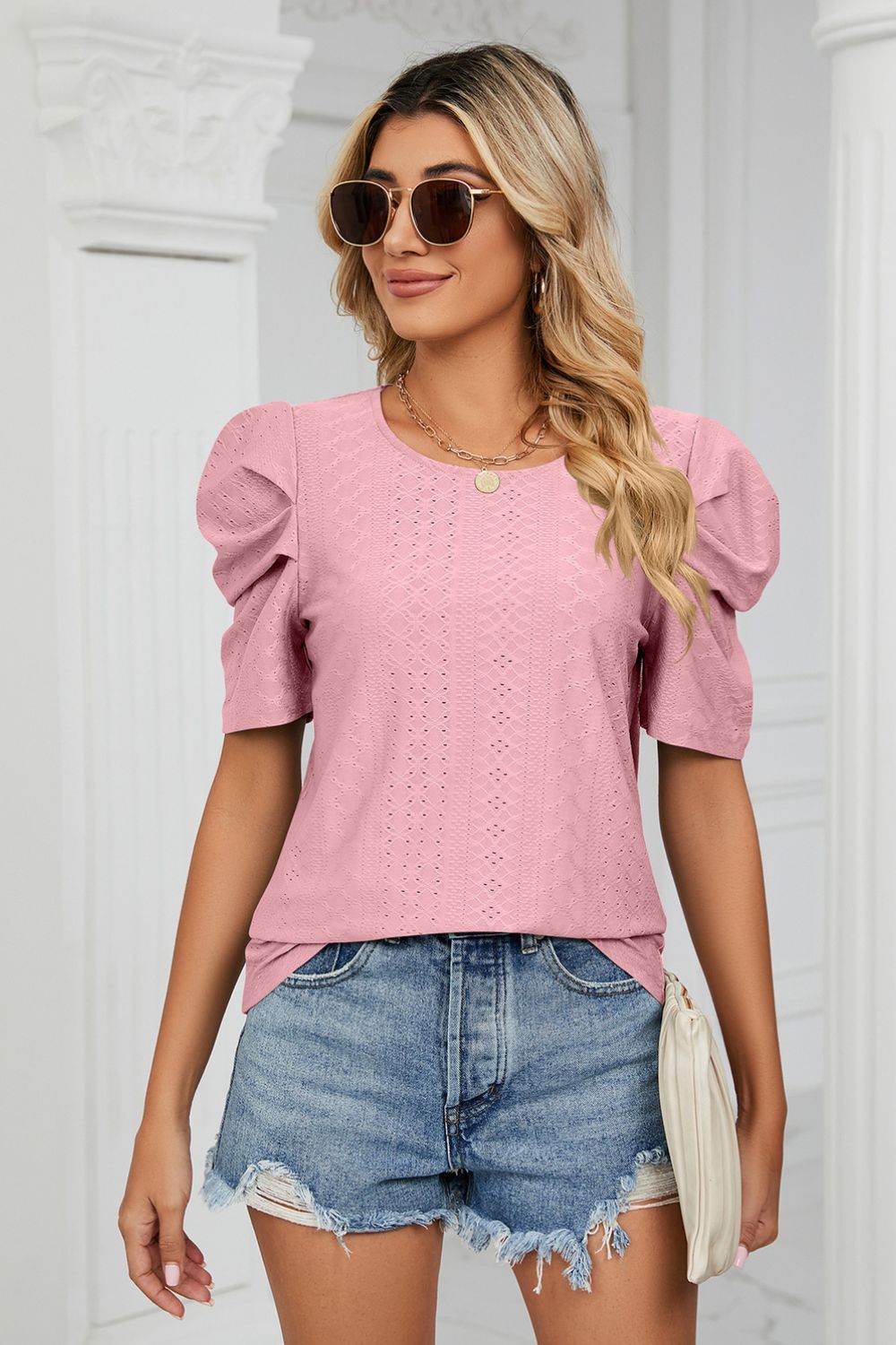 Trendsi Eyelet Puff Sleeve Blouse - Casual Round Neck Top for Every Occasion - Store 42