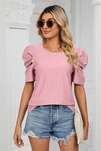 Trendsi Eyelet Puff Sleeve Blouse - Casual Round Neck Top for Every Occasion - Store 42
