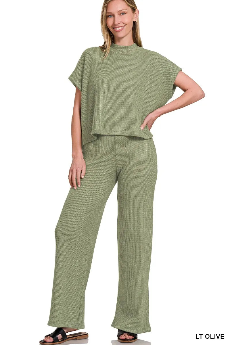 Sage Green Boxy Sweater Set with Wide-Leg Pants - Comfortable & Stylish 2-Piece Outfit