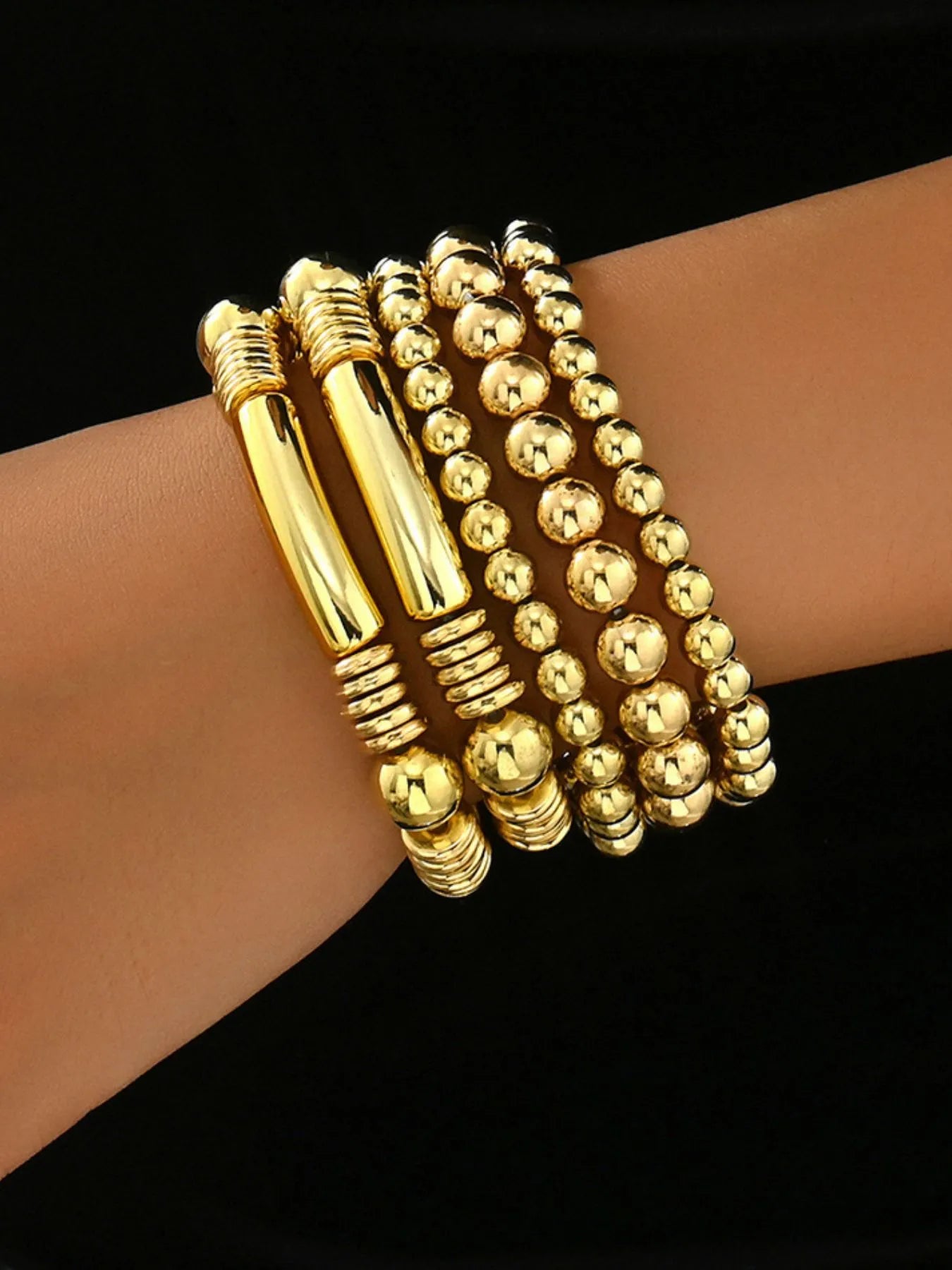 5-Piece 18K Gold-Plated Stainless Steel Beaded Bracelet - Elegant & Durable Jewelry