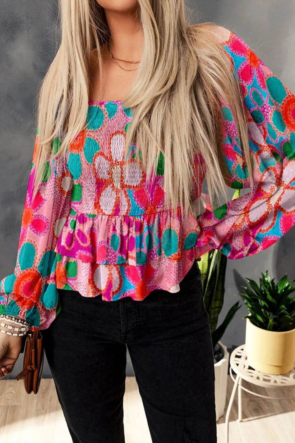 Floral Smocked Blouse with Ruffled Balloon Sleeves - 100% Polyester, Machine Washable, Opaque - Store 42