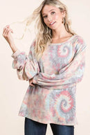 BiBi Pastel Tie Dye Top with Puff Sleeves - Soft Cotton, Relaxed Fit, Casual Chic Style - Store 42