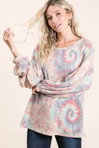 BiBi Pastel Tie Dye Top with Puff Sleeves - Soft Cotton, Relaxed Fit, Casual Chic Style - Store 42
