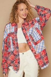 POL Plaid Patchwork Long Sleeve Shirt with Raw Edge Detail