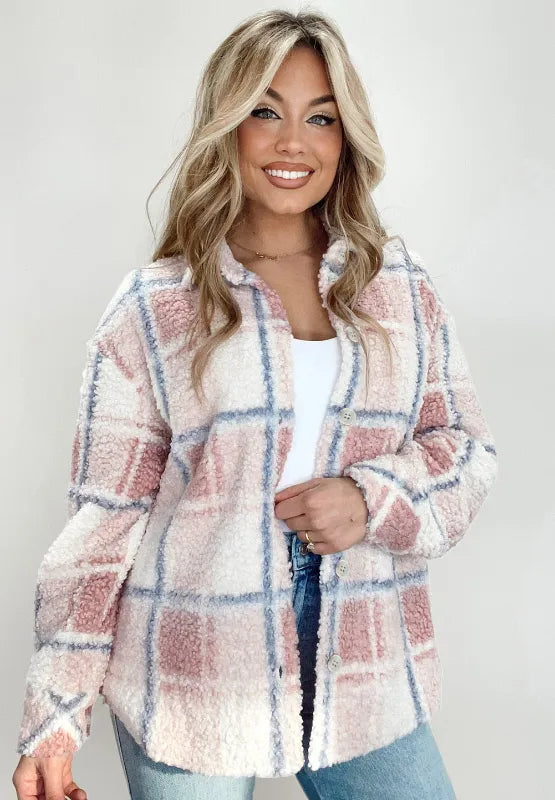 Plaid Sherpa Jacket with Buttoned Collared Neck - 100% Polyester, Comfortable Fit