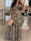 Full Size Printed V-Neck Maxi Dress with Tiered Hemline Plus Size - Store 42