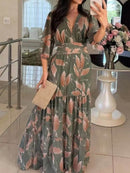 Full Size Printed V-Neck Maxi Dress with Tiered Hemline Plus Size - Store 42