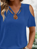 Sleek Cold Shoulder T-Shirt With Eye-Catching Metal Ring Detail - 95% Polyester, Slightly Stretchy - Store 42