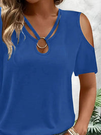 Sleek Cold Shoulder T-Shirt With Eye-Catching Metal Ring Detail - 95% Polyester, Slightly Stretchy - Store 42