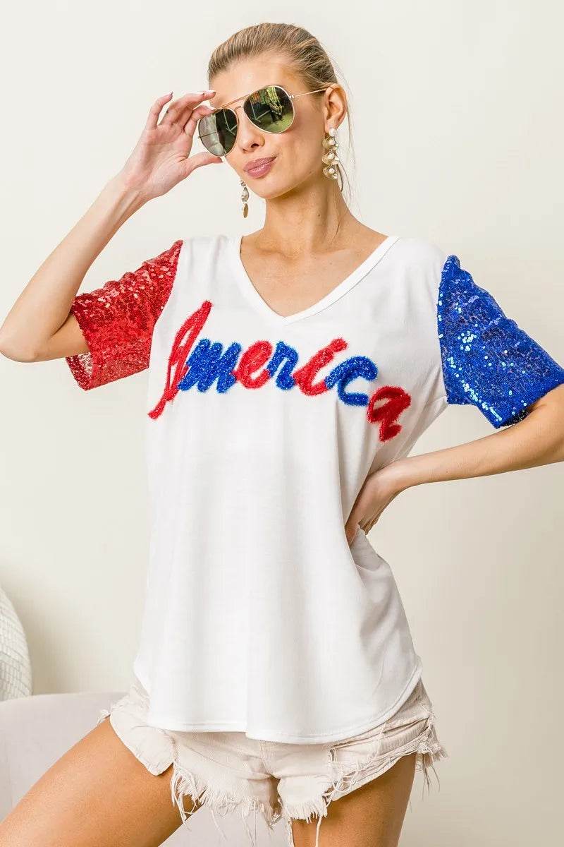 Chic Metallic Letter V-Neck Top with Sequin Sleeves for Glamorous Looks - Store 42