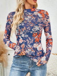 Floral Mock Neck Long Sleeve Top for Women - Slightly Stretchy, Comfortable Polyester Blend - Store 42