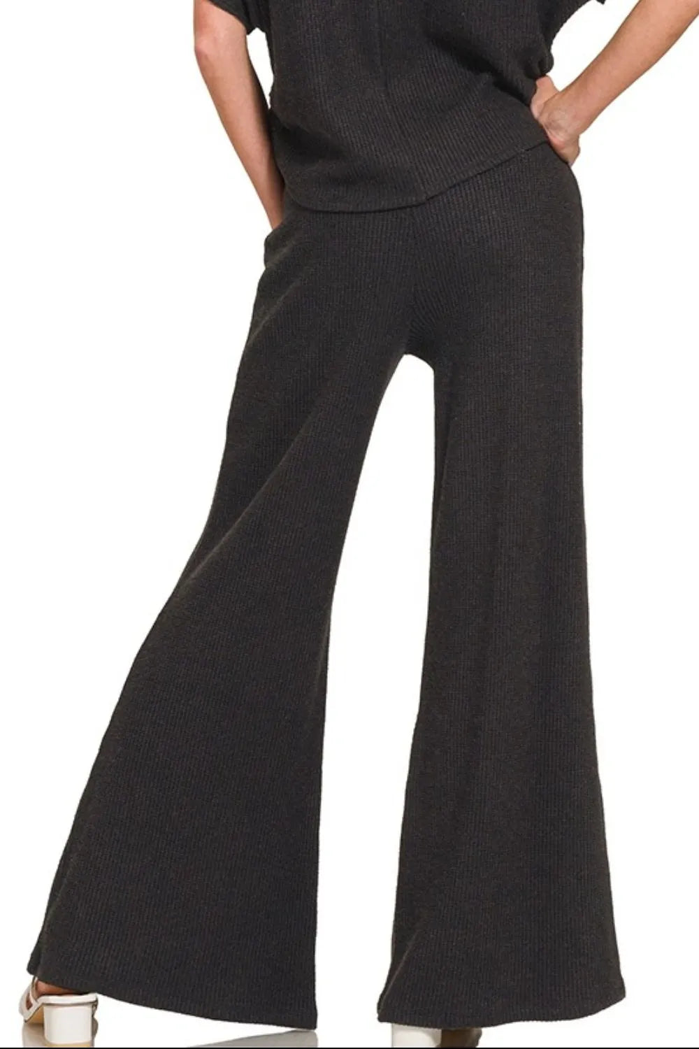 Zenana Wide Leg Flare Sweater Pants - Ultra-Comfortable Ribbed Knit with High-Rise Waist