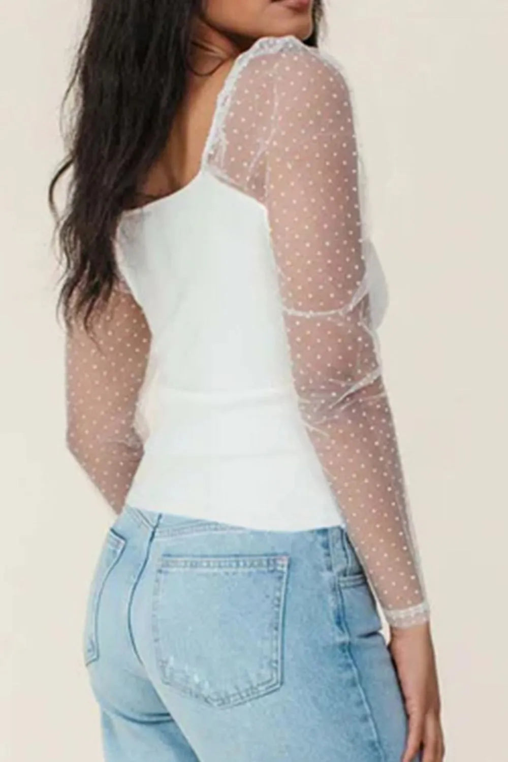 Trendy Swiss Dot Mesh Long Sleeve Top with Square Neck - Slightly Stretchy and Semi-Sheer