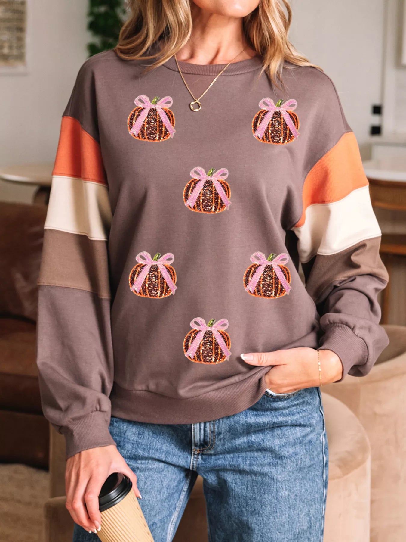 Sequin Bow Detail Pumpkin Round Neck Sweatshirt for Women - Soft and Slightly Stretchy Fabric