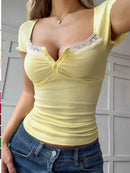 Lace Detail Short Sleeve T-Shirt with Buttoned Closure - Stretchy Polyester Blend Top - Store 42