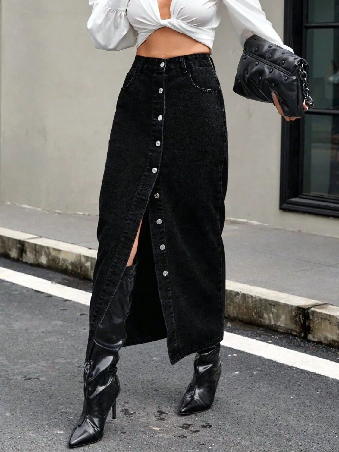 Button Front Denim Skirt with Slit - 85% Cotton, Classic Style, Perfect for Every Occasion