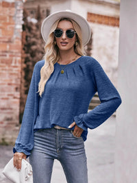 Slightly Stretchy Ruched Round Neck Long Sleeve T-Shirt - Casual Everyday Essential - Store 42