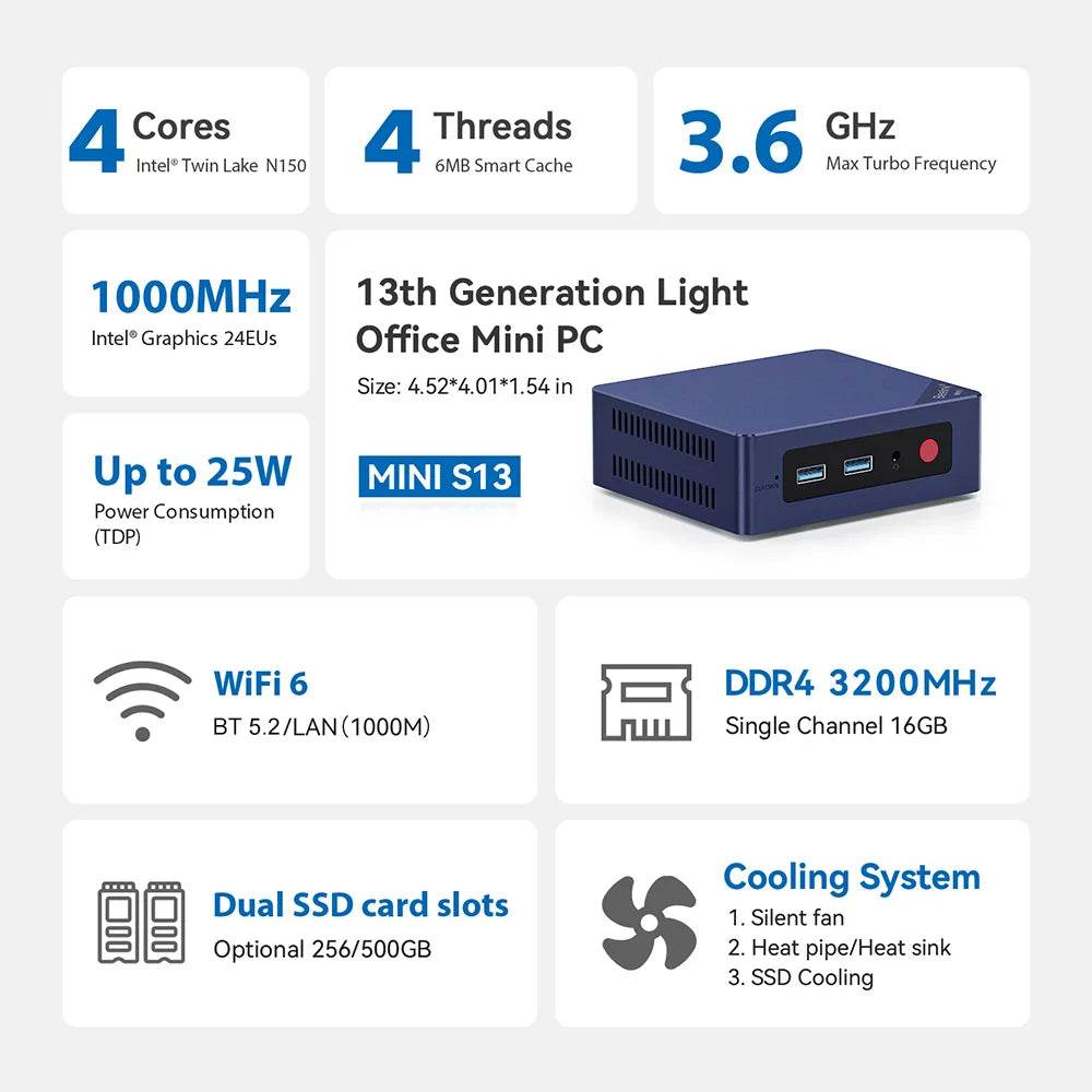 Beelink Mini S13 PC, Intel N150, 16GB DDR4 RAM, 500GB SSD, Compact Design for Home Office & Streaming