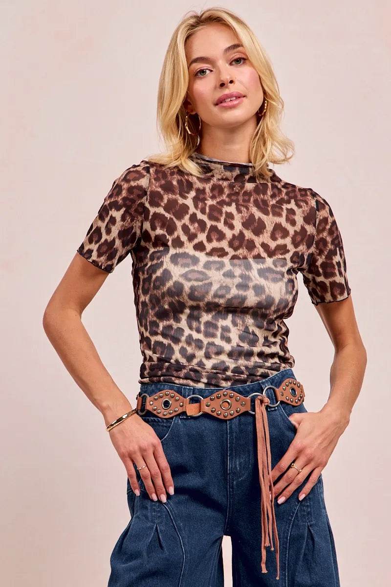 Fitted Leopard Print High Neck Mesh Top With Short Sleeves – Comfortable & Stylish