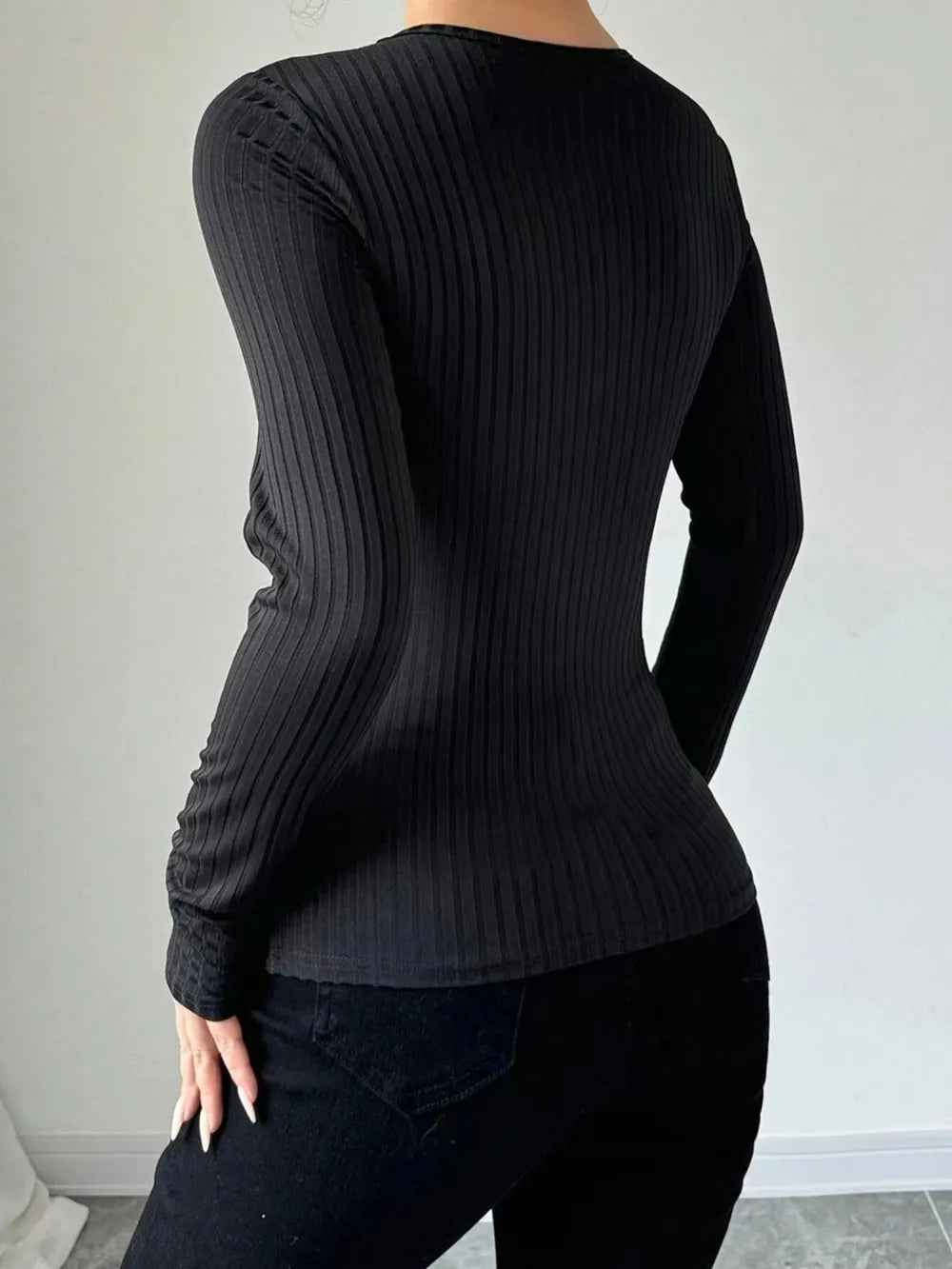Semi-Sheer Lace Detail Round Neck Long Sleeve Top - Slightly Stretchy & Comfortable