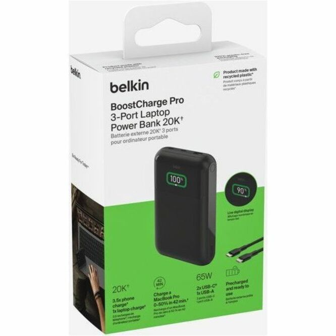 Belkin 65W 3-Port USB-C Power Bank 20K mAh - Laptop Charger with Full Color Display
