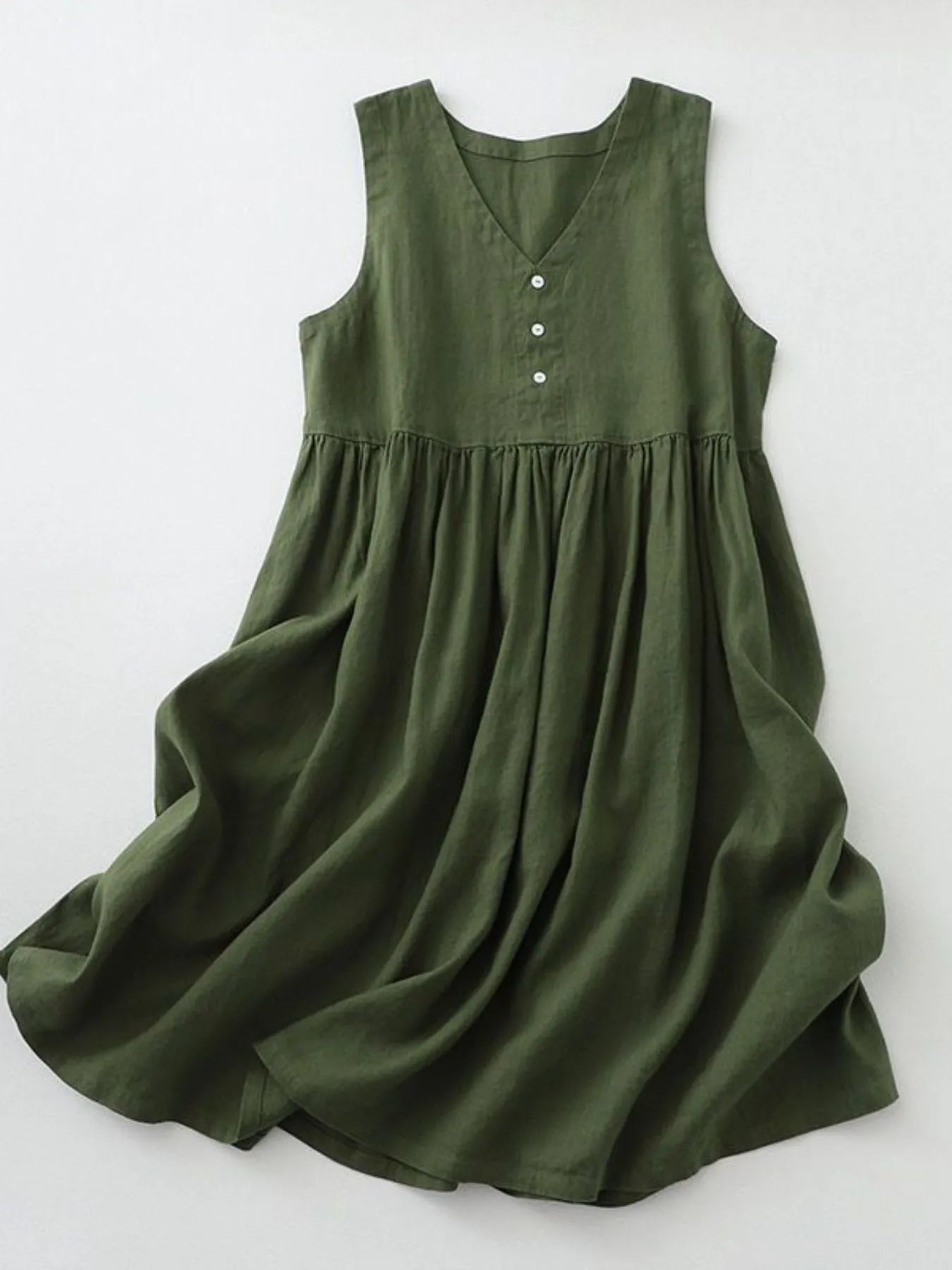 Stylish V-Neck Button Detail Sleeveless Midi Dress in 100% Cotton - Trendy Casual Wear